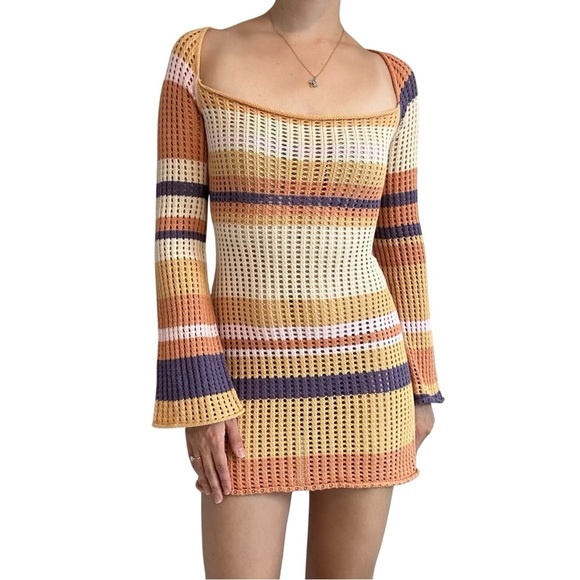 Verge Girl Crochet Mini Dress Coverup Knit Colorful Striped Summer Size 4 Small - Picture 1 of 6